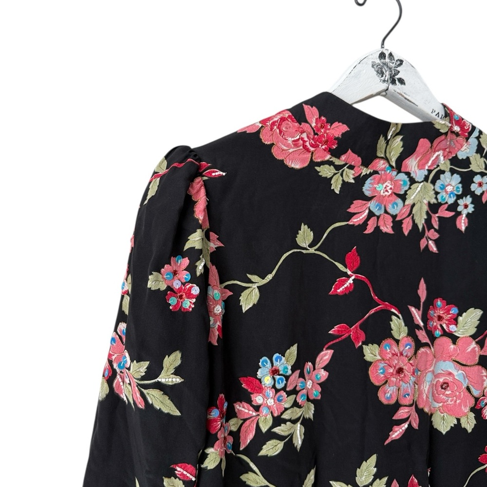 Single LA Floral Embroidered Sequin Long Sleeve Dress Black M - Picture 4 of 8